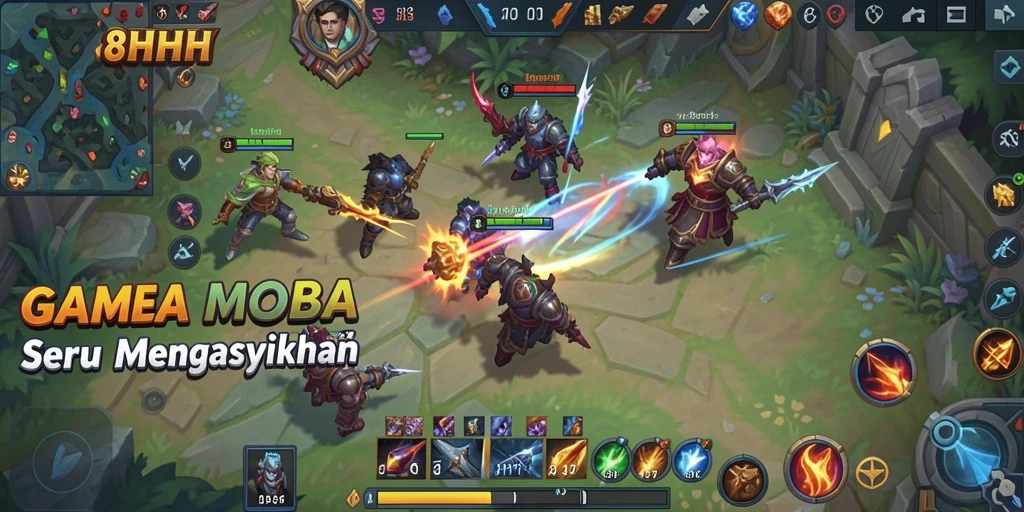 Tampilan seru gameplay 8HHH dalam aksi MOBA.