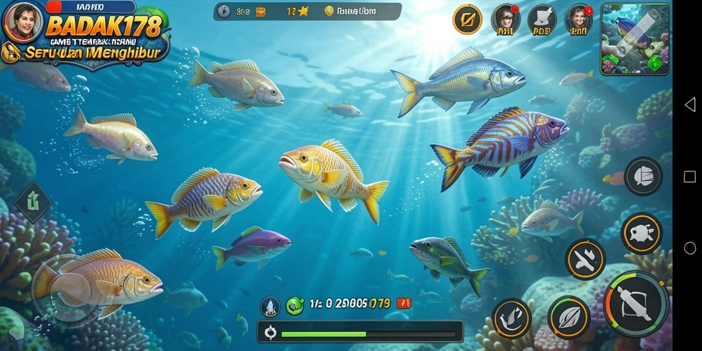 Tangkapan layar gameplay BADAK178 dengan ikan berwarna-warni.