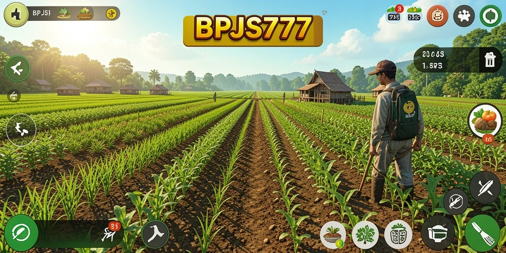 Screenshot menunjukkan pemain mengelola pertanian dengan beragam tanaman.