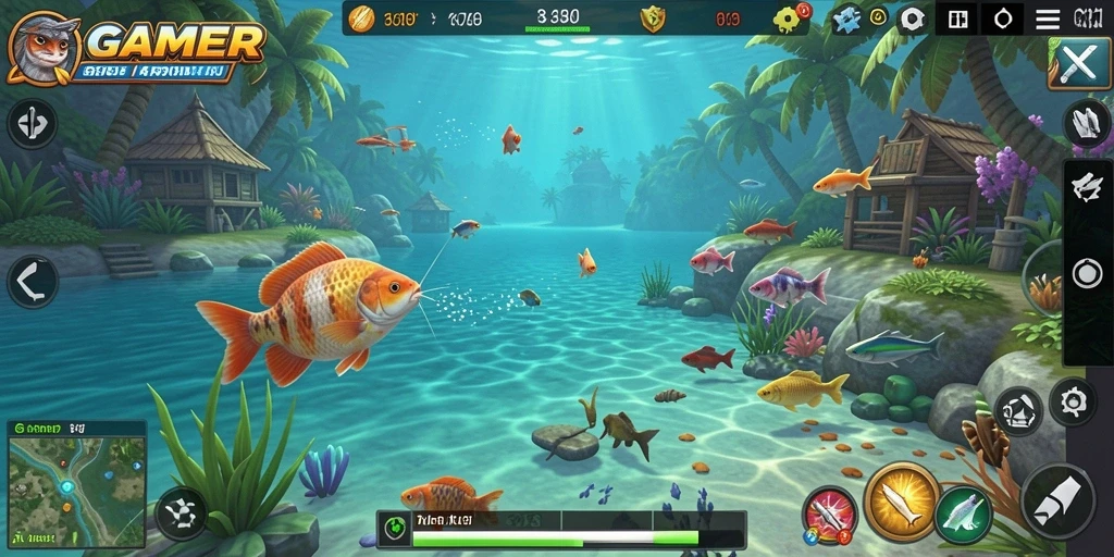 Screenshot GAMERP menunjukkan pemain sedang memancing di danau yang indah.