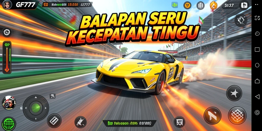 Screenshot utama GF777 menunjukkan aksi balapan yang mendebarkan di lintasan yang penuh tantangan.