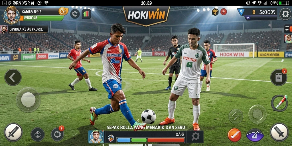 Gameplay seru HOKIWIN dengan aksi sepak bola yang mendebarkan.