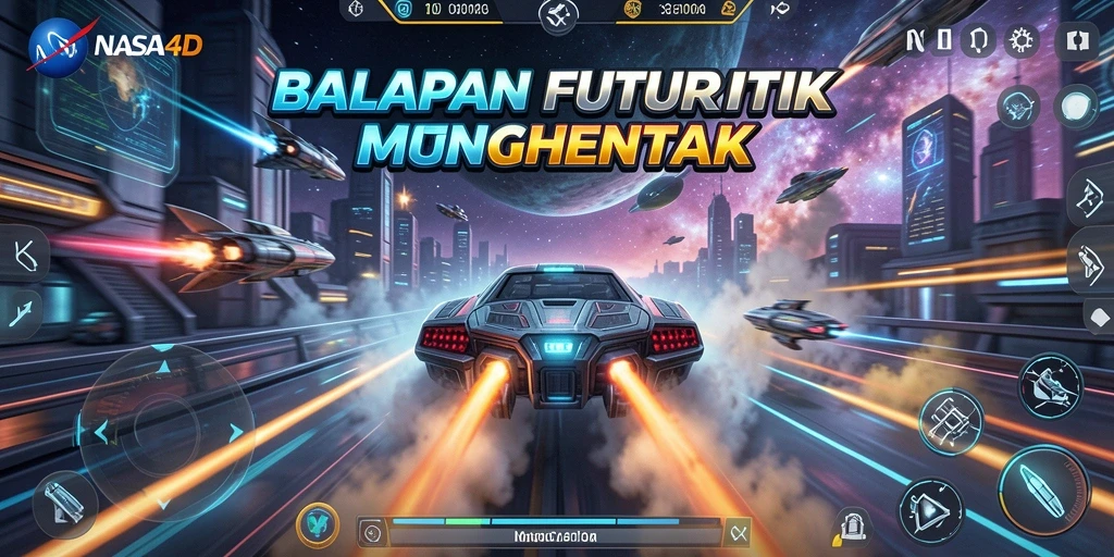 Screenshot gameplay NASA4D menunjukkan balapan cepat di trek futuristik.