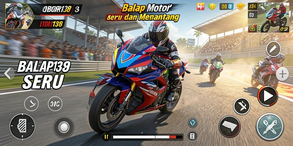 Tampilan gameplay menegangkan OBOR138 dengan balap motor di lintasan.