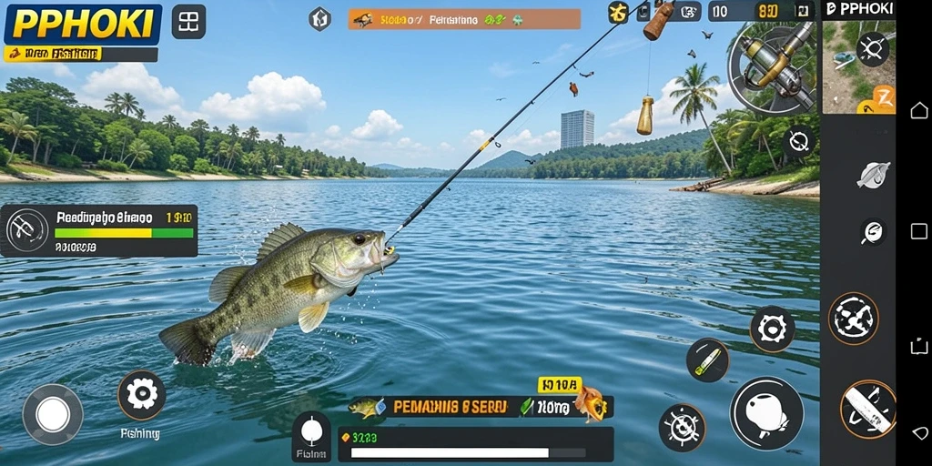 Screenshot gameplay PPHOKI menampilkan suasana memancing yang seru.