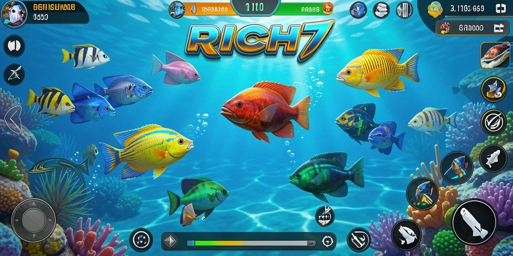 Screenshot utama RICH7 menampilkan aksi menembak ikan yang seru.
