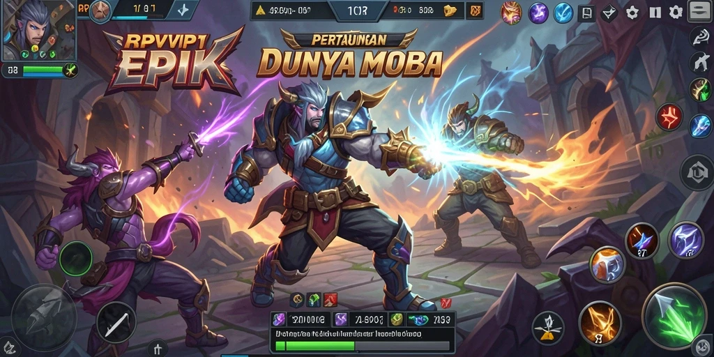 Screenshot RPVIP1 menampilkan aksi intens di arena pertempuran MOBA.