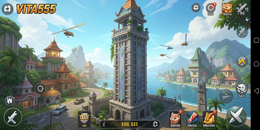 Tangkapan layar gameplay menunjukkan aksi menara pertahanan dalam VITA555.